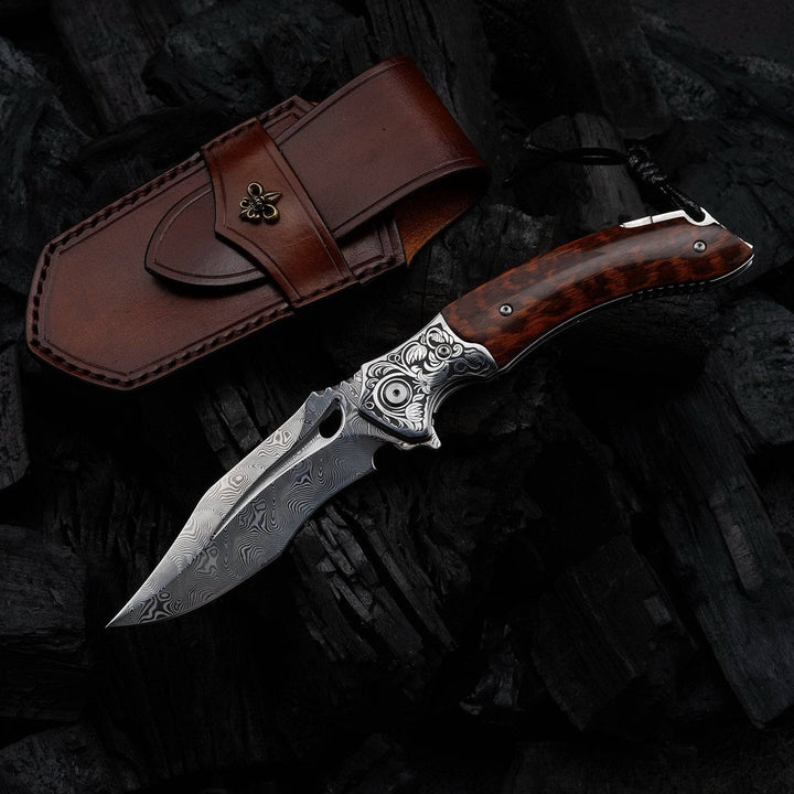 Damascus Knife - Heracles Damascus Folding Knife with Exotic Snake Wood Handle - Shokunin USA