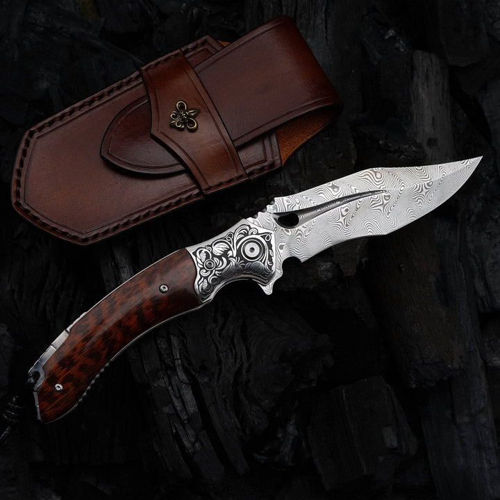 Damascus Knife - Heracles Damascus Folding Knife with Exotic Snake Wood Handle - Shokunin USA
