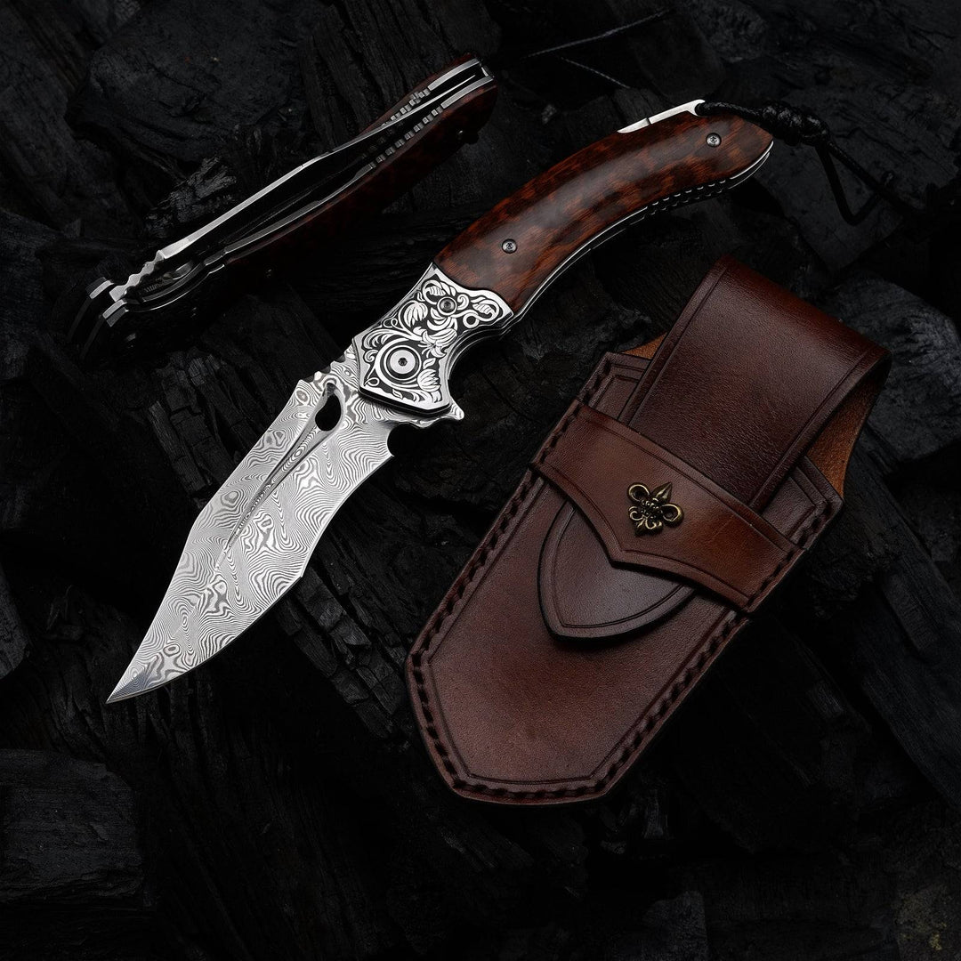Damascus Knife - Heracles Damascus Folding Knife with Exotic Snake Wood Handle - Shokunin USA