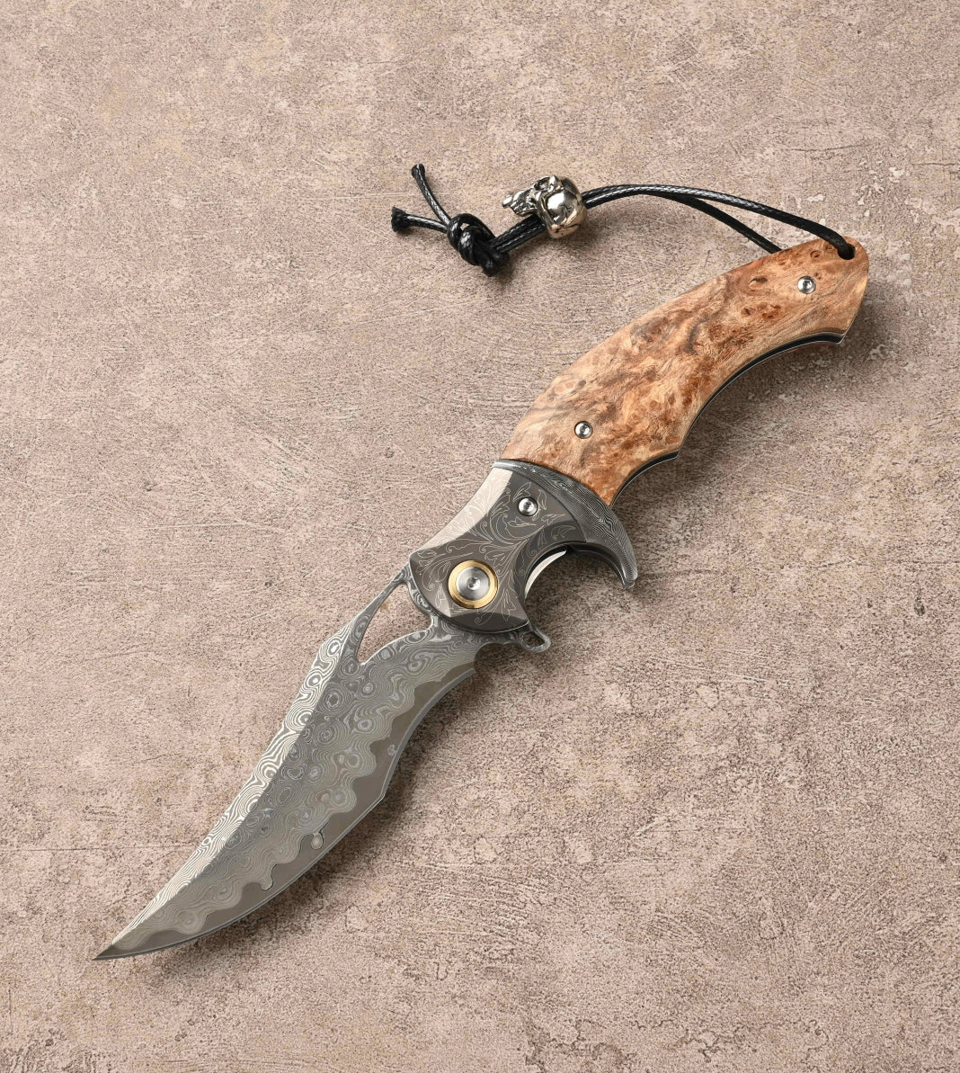 Damascus Knife - Crest Japanese Damascus Pocket knife with Maple Burl Handle - Shokunin USA
