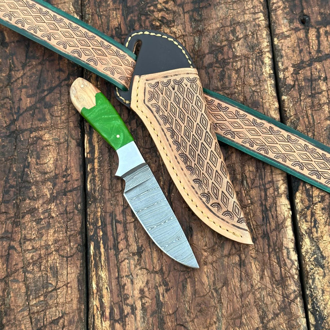 Fixed blade knife. - Yellowstone Damascus Skinner Knife with Hand tooled Sheath & Belt - Shokunin USA