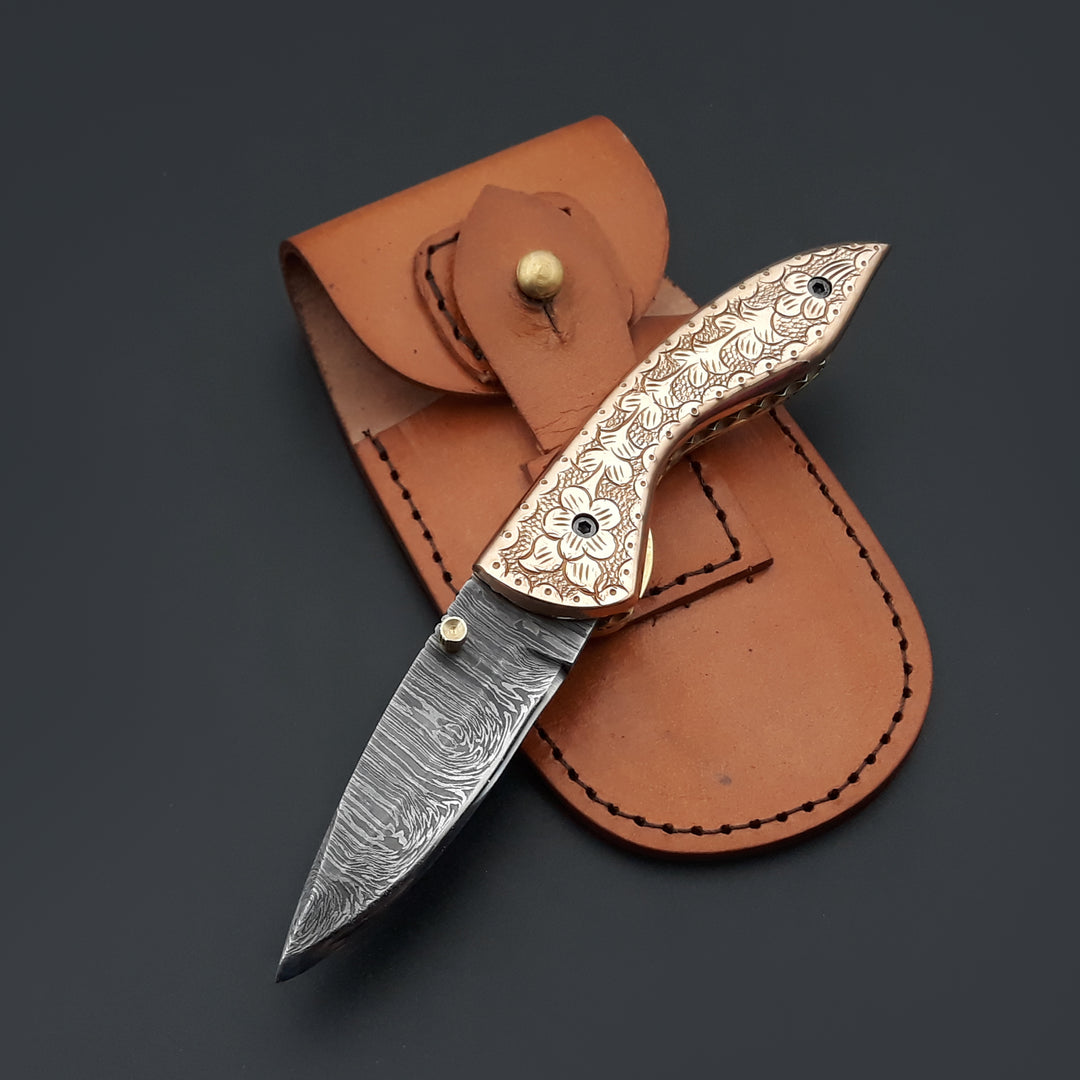 Utility Knife - Pixel Copper Damascus Pocket Knife with Engraved Copper Handle - Shokunin USA