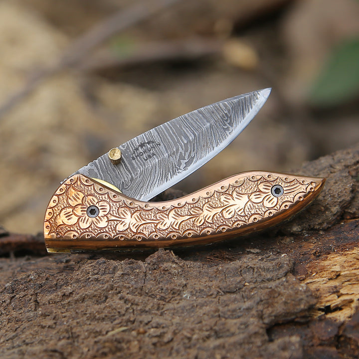 Utility Knife - Pixel Copper Damascus Pocket Knife with Engraved Copper Handle - Shokunin USA