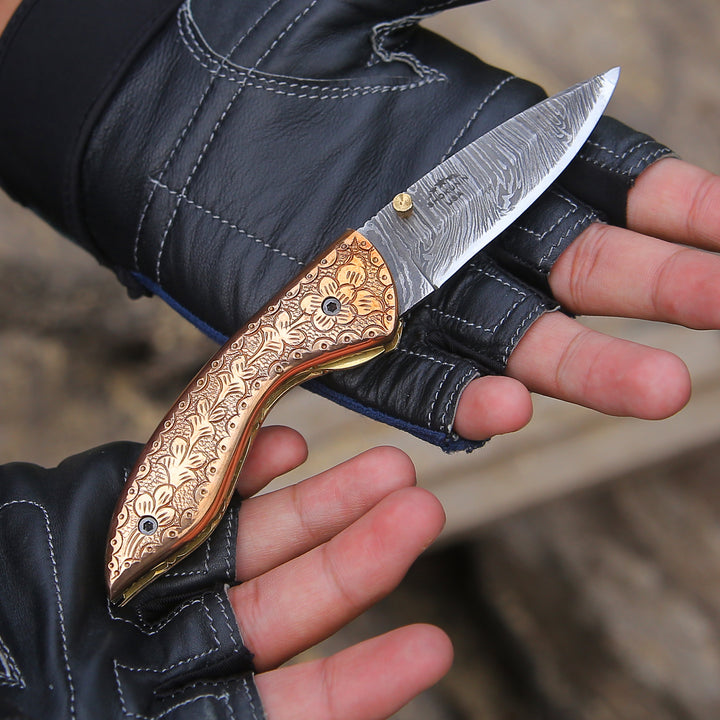 Utility Knife - Pixel Copper Damascus Pocket Knife with Engraved Copper Handle - Shokunin USA