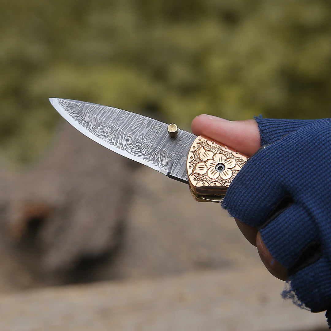 Utility Knife - Pixel Copper Damascus Pocket Knife with Engraved Copper Handle - Shokunin USA