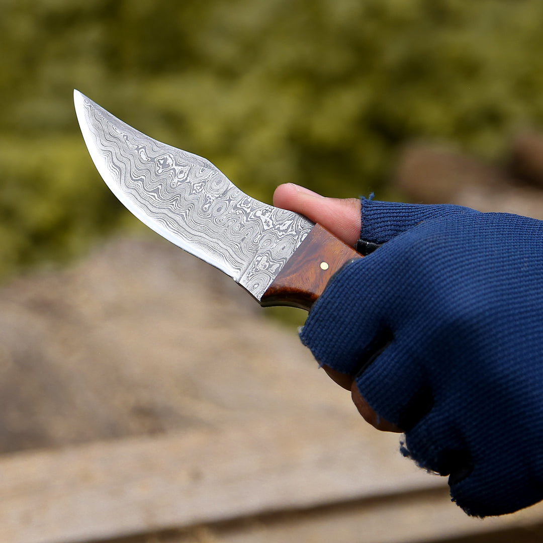 Utility Knife - Mangler Damascus Hunting Knife with Rose Wood & Stag Horn Handle - Shokunin USA