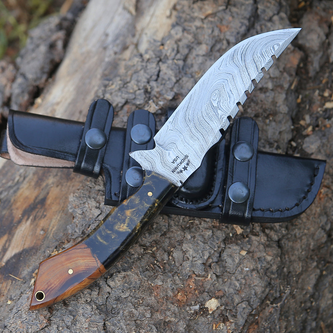 Utility Knife - Morph Damascus Knife with Exotic Rose Wood & Resin Handle - Shokunin USA
