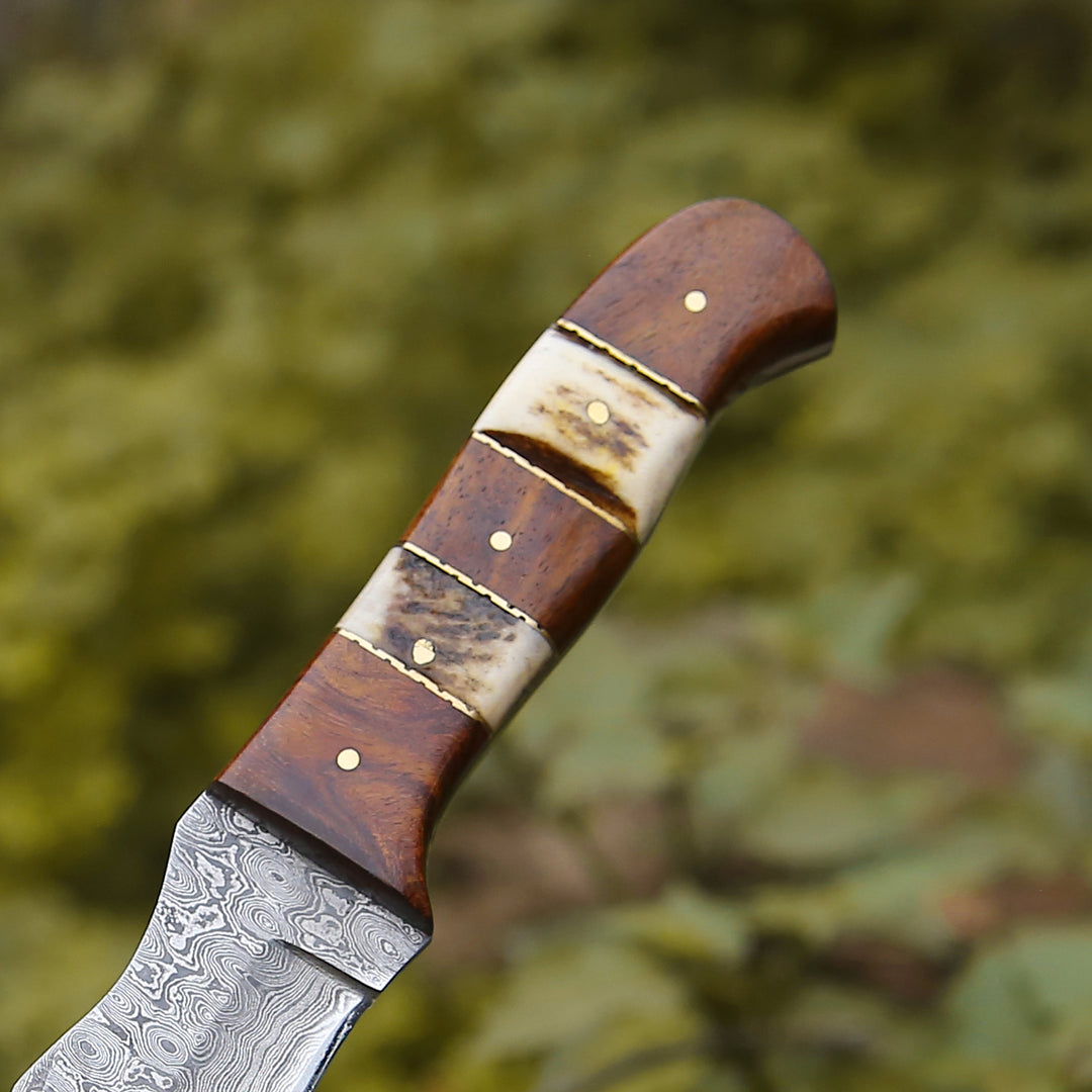 Utility Knife - Mangler Damascus Hunting Knife with Rose Wood & Stag Horn Handle - Shokunin USA