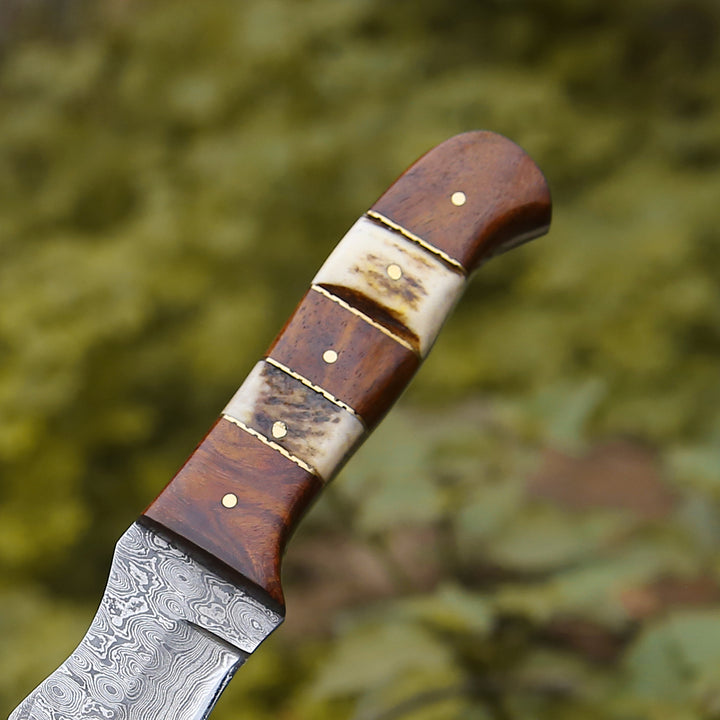 Utility Knife - Mangler Damascus Hunting Knife with Rose Wood & Stag Horn Handle - Shokunin USA