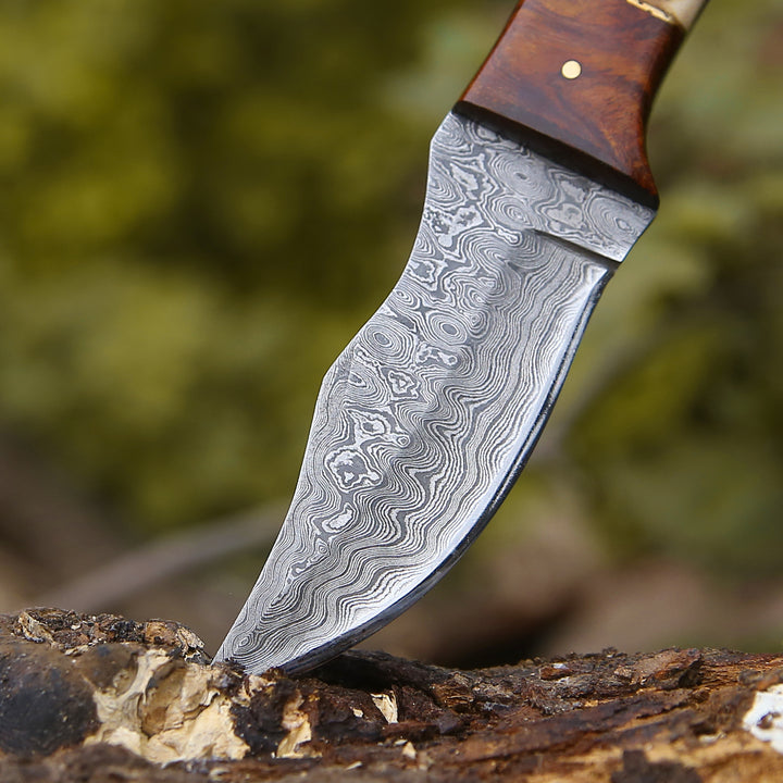 Utility Knife - Mangler Damascus Hunting Knife with Rose Wood & Stag Horn Handle - Shokunin USA