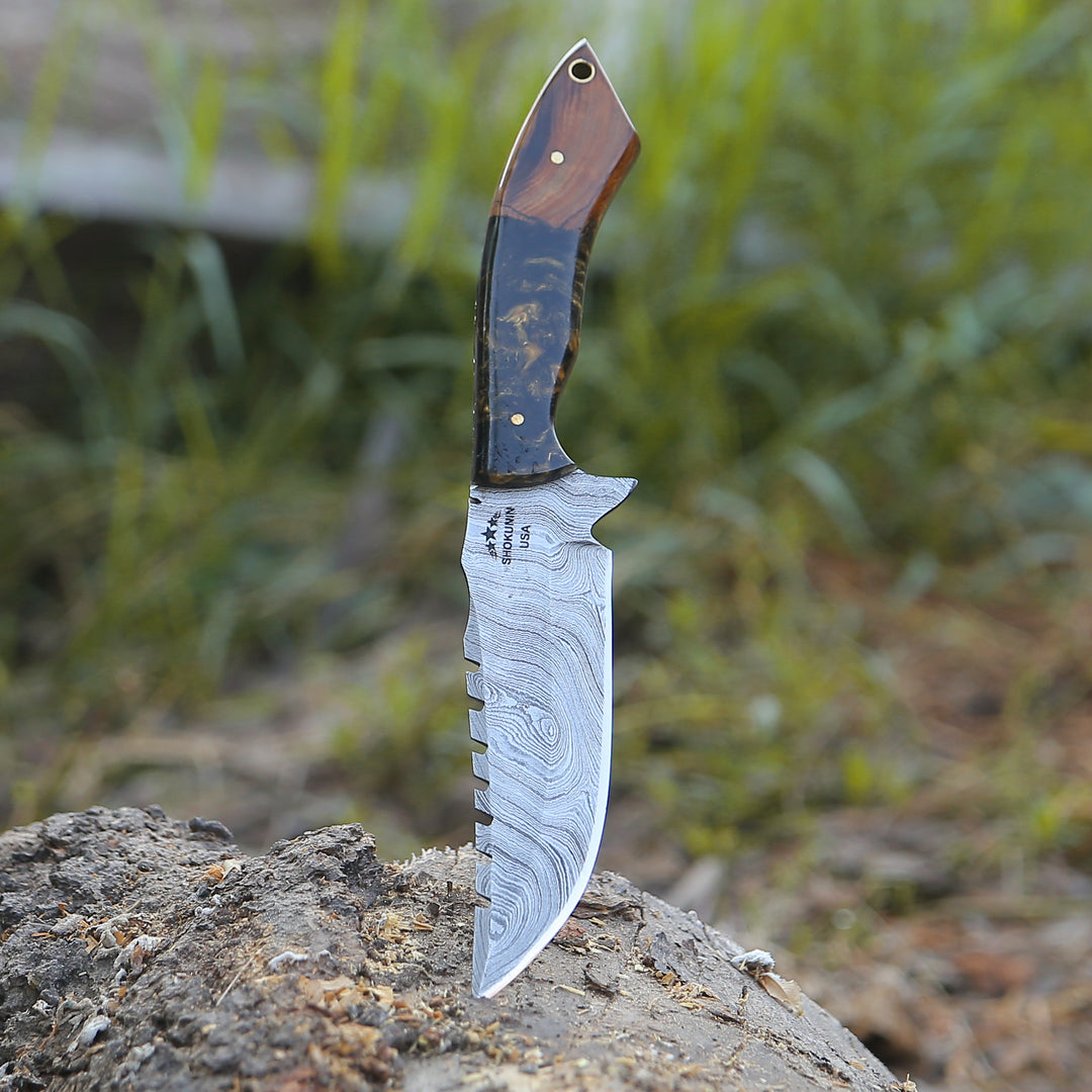 Utility Knife - Morph Damascus Knife with Exotic Rose Wood & Resin Handle - Shokunin USA