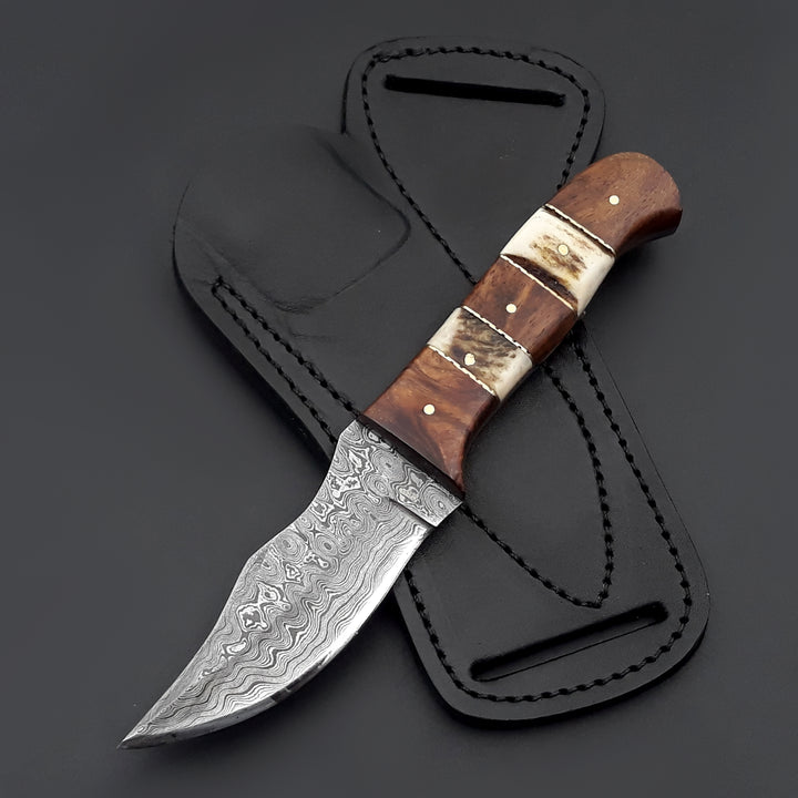 Utility Knife - Mangler Damascus Hunting Knife with Rose Wood & Stag Horn Handle - Shokunin USA