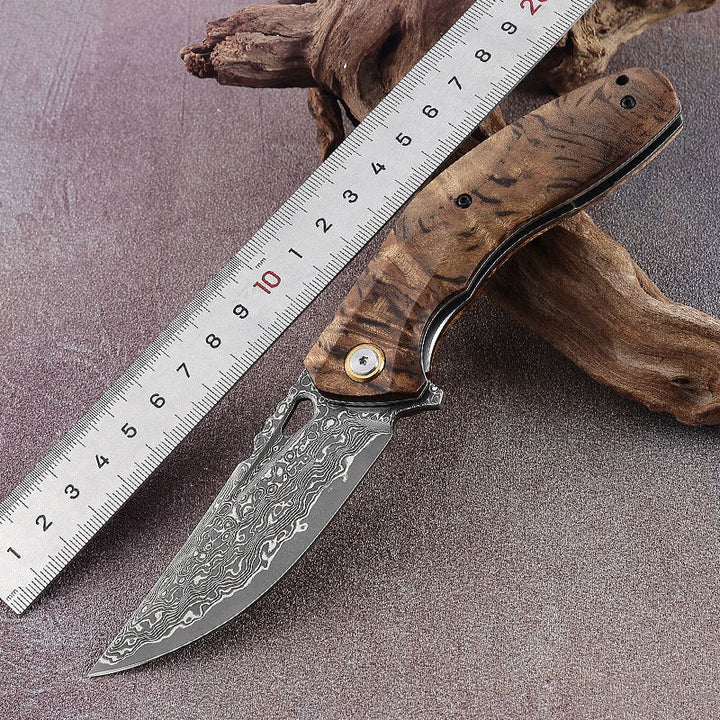 Damascus Knife - Tomahawk Damascus Pocket Knife with Clip and Exotic Olive Wood Handle - Shokunin USA