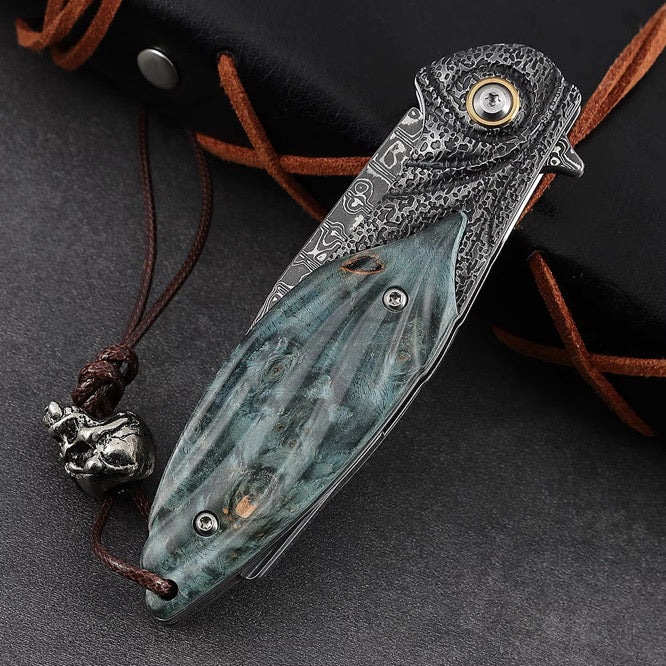 Damascus Knife - Viper Japanese Damascus Pocket Knife with Stained Maple Burl Handle - Shokunin USA