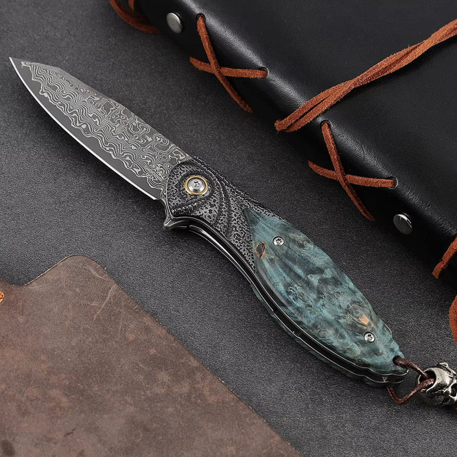 Damascus Knife - Viper Japanese Damascus Pocket Knife with Stained Maple Burl Handle - Shokunin USA
