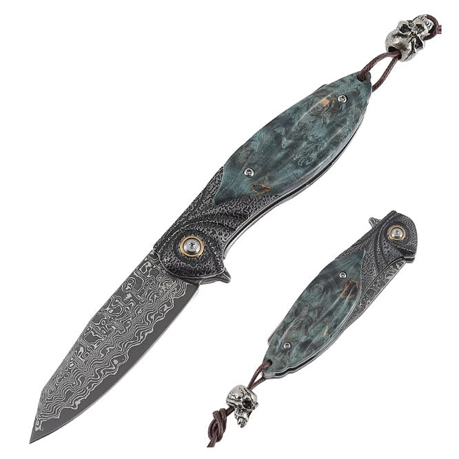 Damascus Knife - Viper Japanese Damascus Pocket Knife with Stained Maple Burl Handle - Shokunin USA