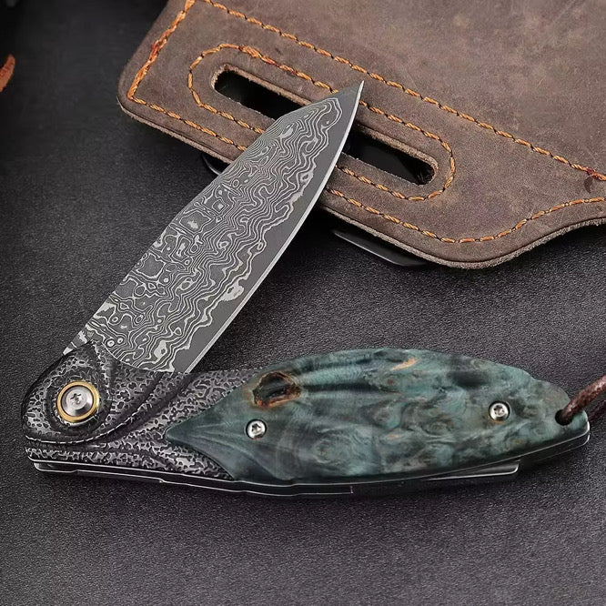 Damascus Knife - Viper Japanese Damascus Pocket Knife with Stained Maple Burl Handle - Shokunin USA