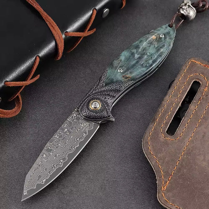 Damascus Knife - Viper Japanese Damascus Pocket Knife with Stained Maple Burl Handle - Shokunin USA