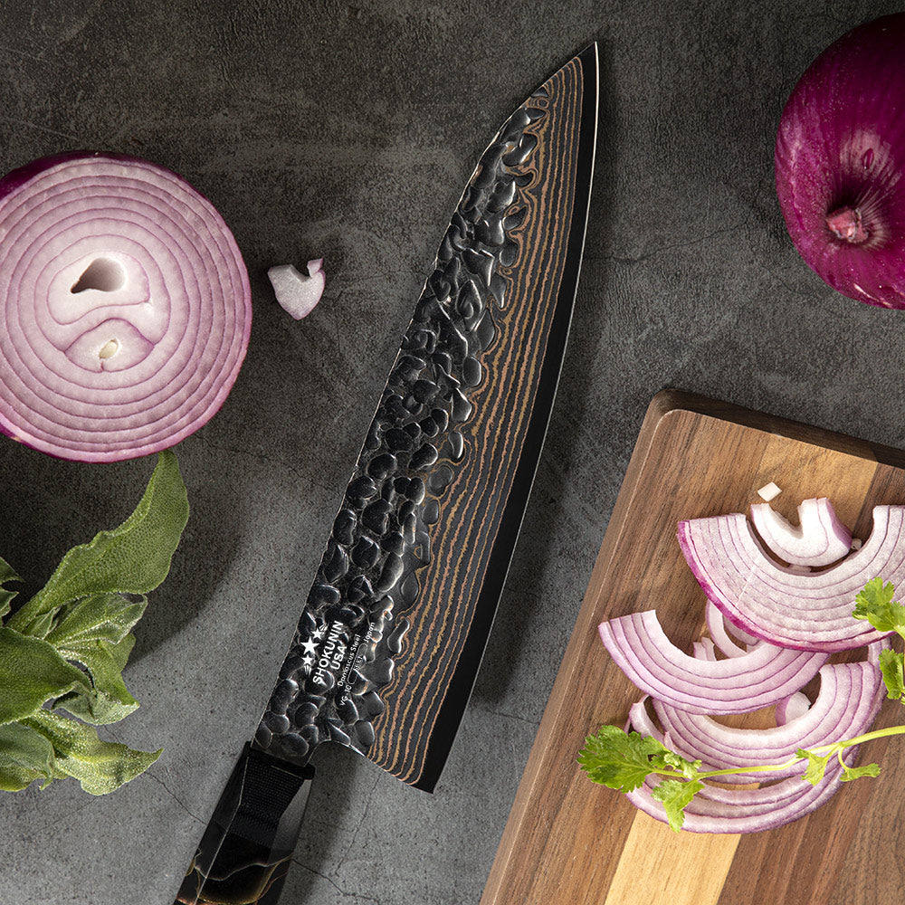 Chef Knife - Majestic Japanese Copper Damascus Chef Knife with Rare Raffir Noble Handle Handle - Shokunin USA
