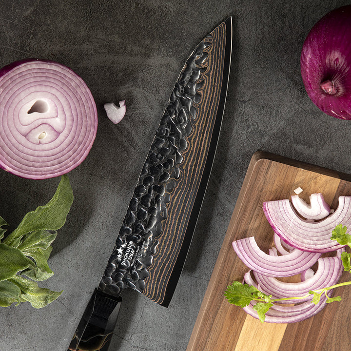 Chef Knife - Majestic Japanese Copper Damascus Chef Knife with Rare Raffir Noble Handle Handle - Shokunin USA