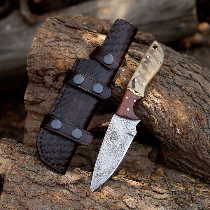 Damascus Knife - Starlight Damascus Hunting Knife with Exotic Rosewood & Ram Horn Handle - Shokunin USA