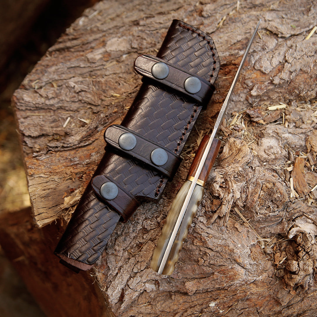 Damascus Knife - Starlight Damascus Hunting Knife with Exotic Rosewood & Ram Horn Handle - Shokunin USA