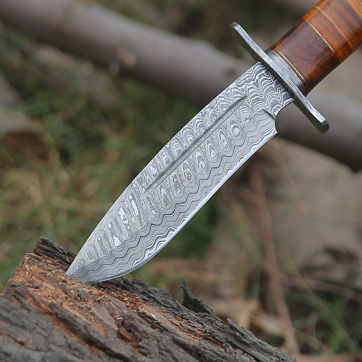 Damascus Knife - Rambo Bowie Knife with Exotic Rosewood & Stacked Leather Handle - Shokunin USA