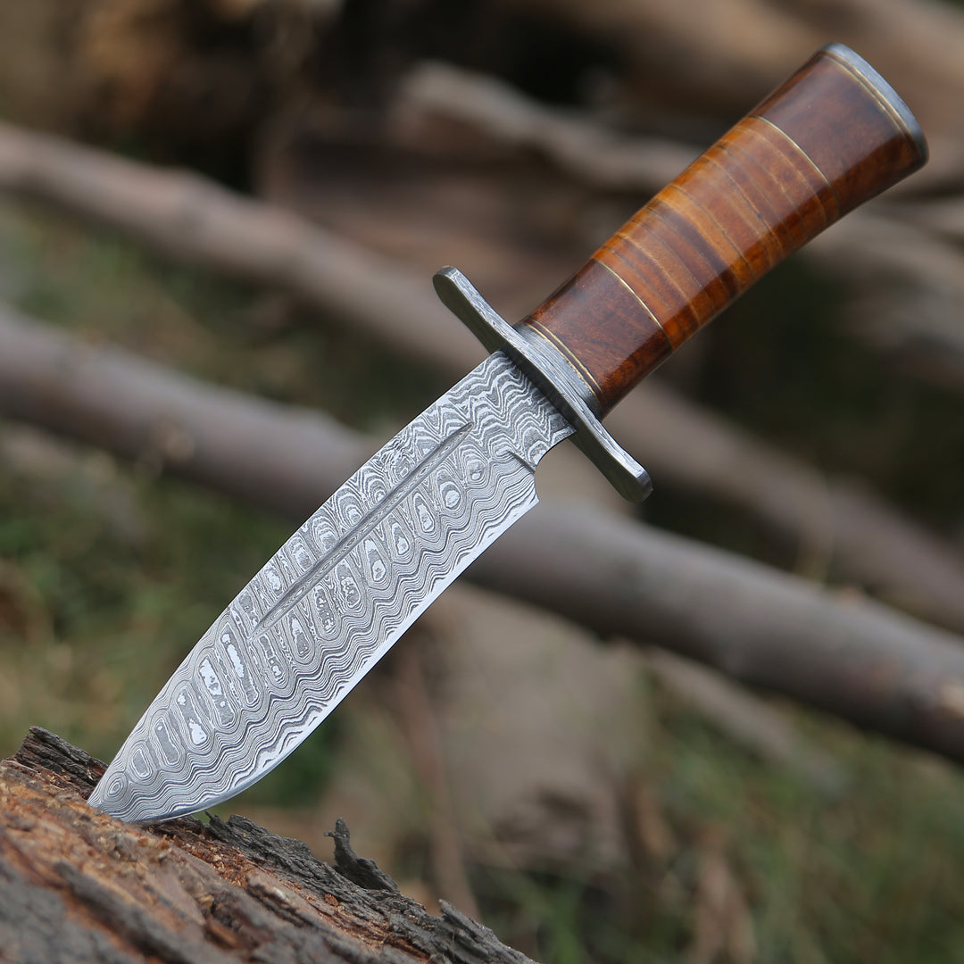 Damascus Knife - Rambo Bowie Knife with Exotic Rosewood & Stacked Leather Handle - Shokunin USA