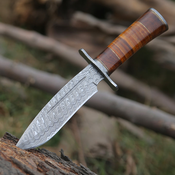 Damascus Knife - Rambo Bowie Knife with Exotic Rosewood & Stacked Leather Handle - Shokunin USA