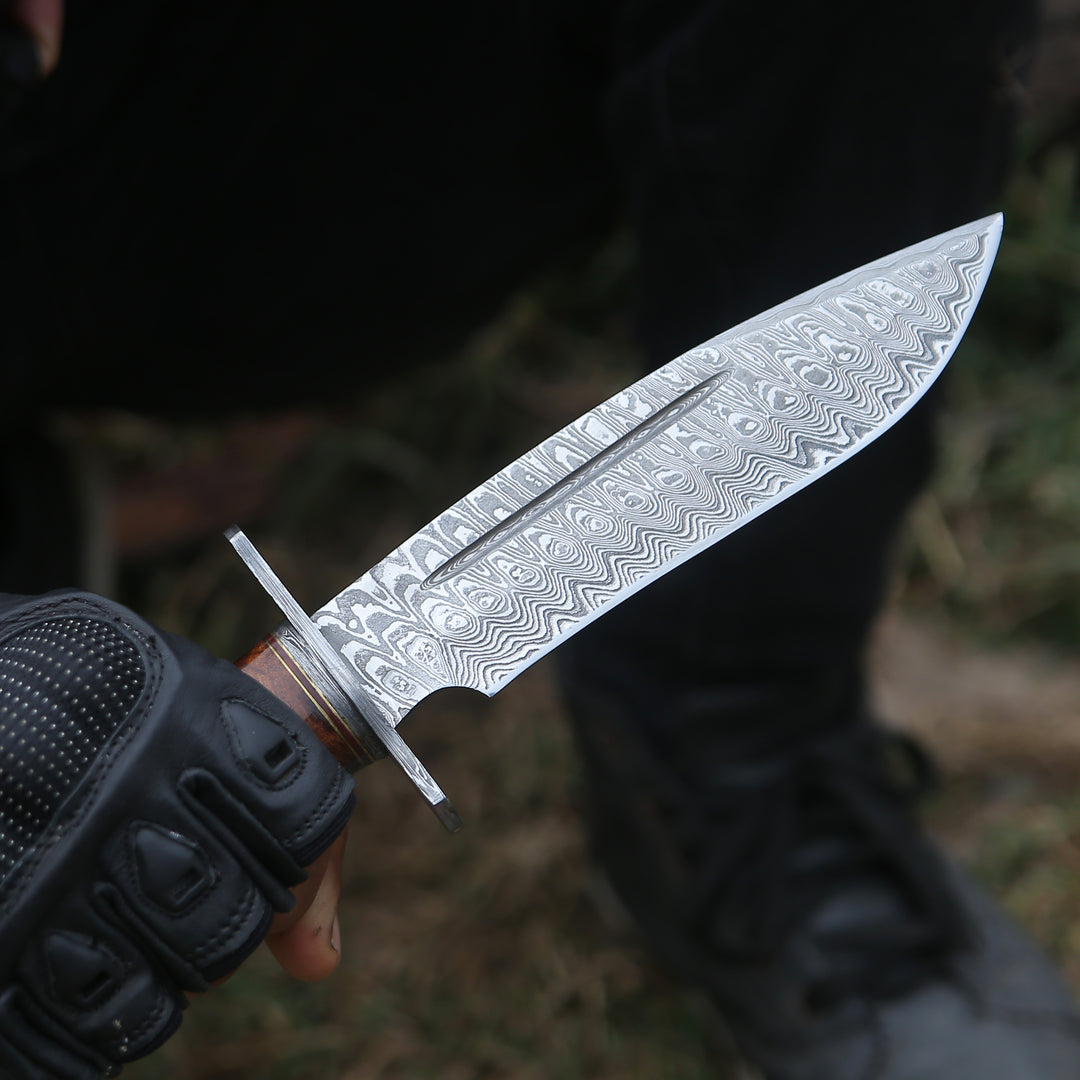 Damascus Knife - Rambo Bowie Knife with Exotic Rosewood & Stacked Leather Handle - Shokunin USA