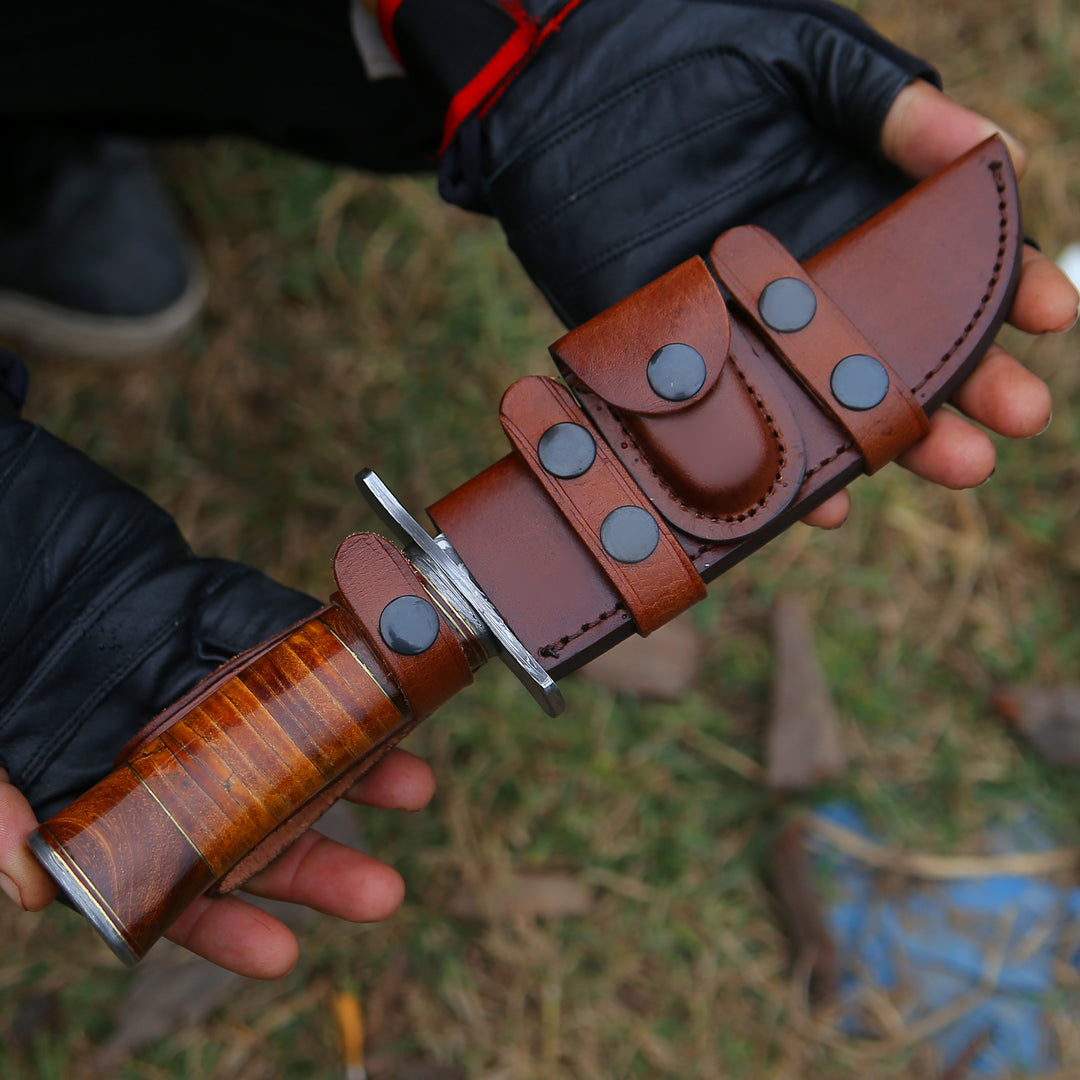 Damascus Knife - Rambo Bowie Knife with Exotic Rosewood & Stacked Leather Handle - Shokunin USA