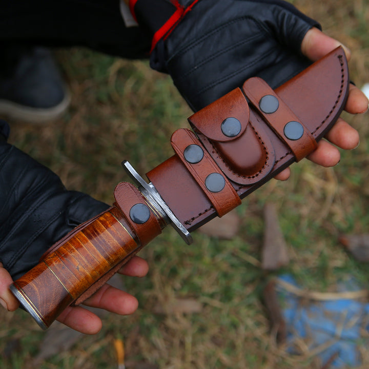 Damascus Knife - Rambo Bowie Knife with Exotic Rosewood & Stacked Leather Handle - Shokunin USA