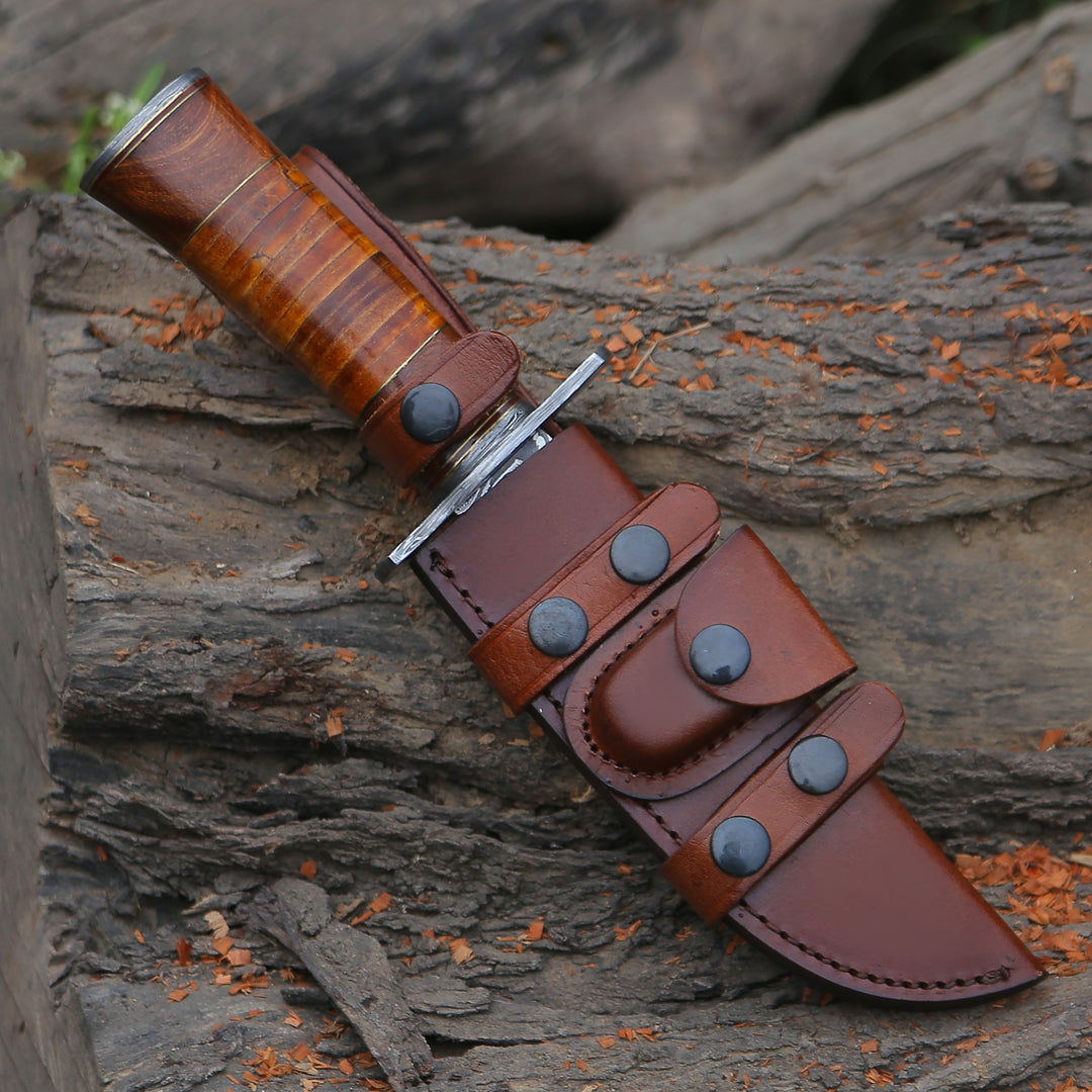 Damascus Knife - Rambo Bowie Knife with Exotic Rosewood & Stacked Leather Handle - Shokunin USA