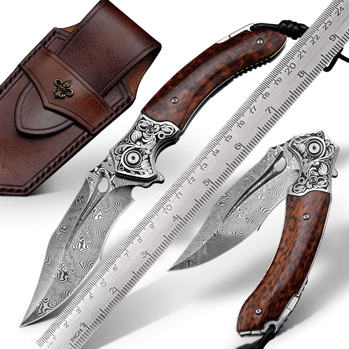 Damascus Knife - Heracles Damascus Folding Knife with Exotic Snake Wood Handle - Shokunin USA