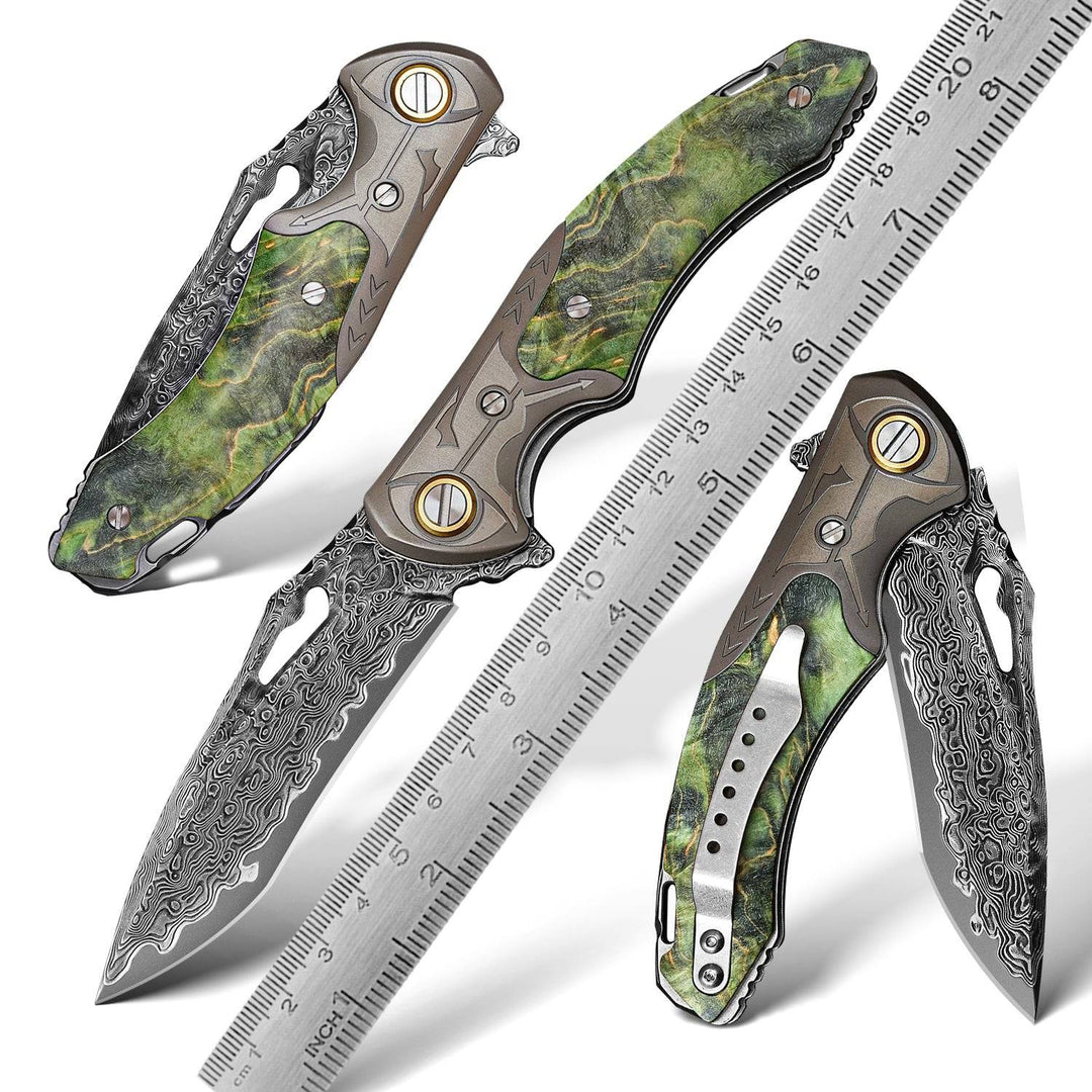 Pocket Knife - Hades Japanese VG10 Damascus Pocket Knife with Clip Stabilized Maple Burl Handle - Shokunin USA