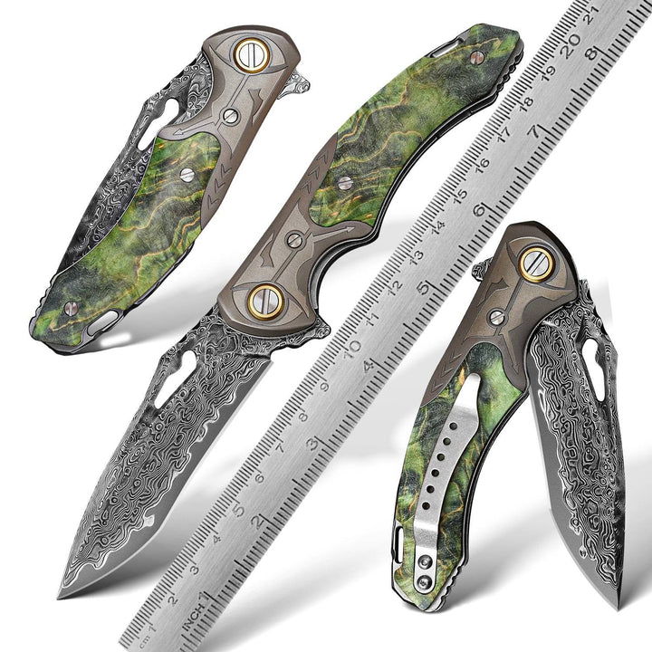 Pocket Knife - Hades Japanese VG10 Damascus Pocket Knife with Clip Stabilized Maple Burl Handle - Shokunin USA