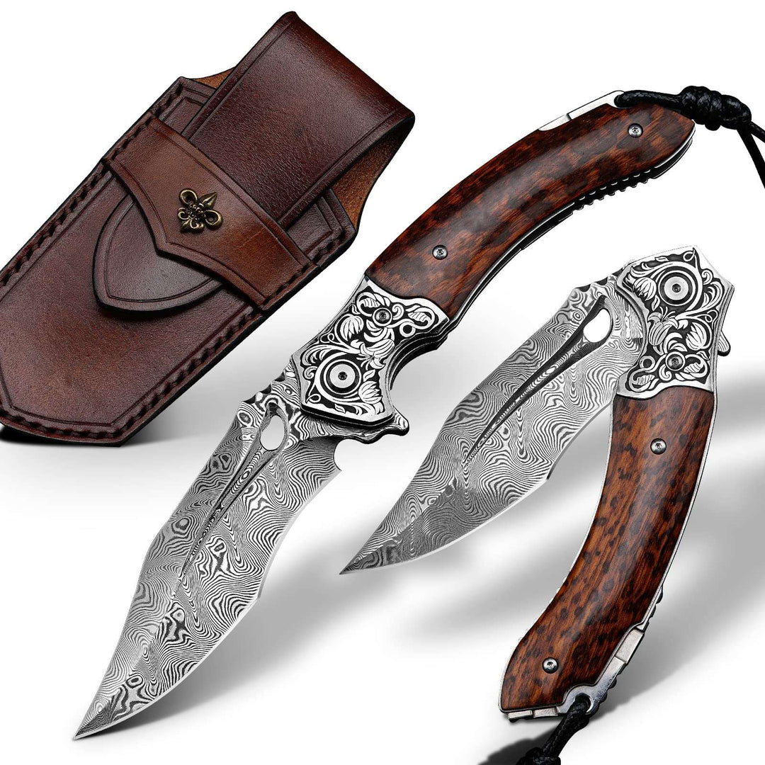 Damascus Knife - Heracles Damascus Folding Knife with Exotic Snake Wood Handle - Shokunin USA