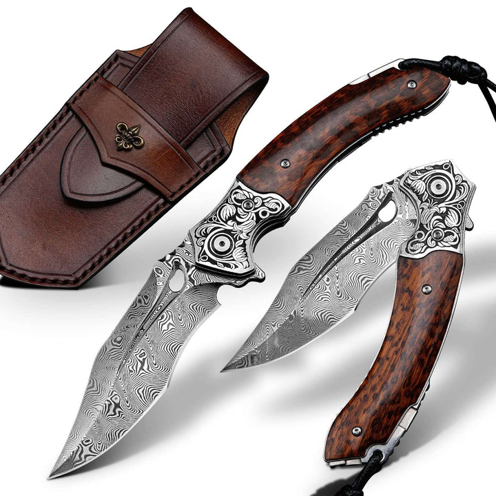 Damascus Knife - Heracles Damascus Folding Knife with Exotic Snake Wood Handle - Shokunin USA