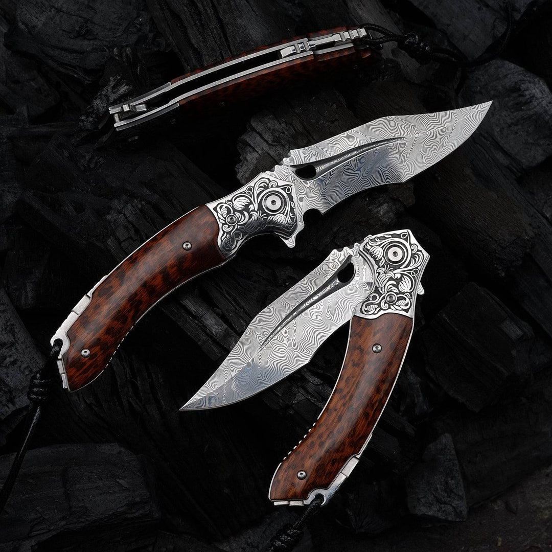 Damascus Knife - Heracles Damascus Folding Knife with Exotic Snake Wood Handle - Shokunin USA