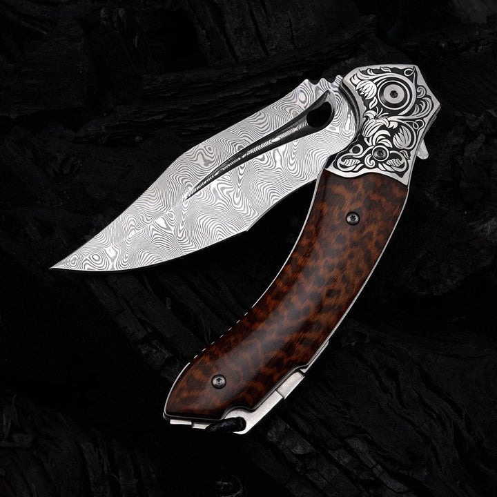 Damascus Knife - Heracles Damascus Folding Knife with Exotic Snake Wood Handle - Shokunin USA
