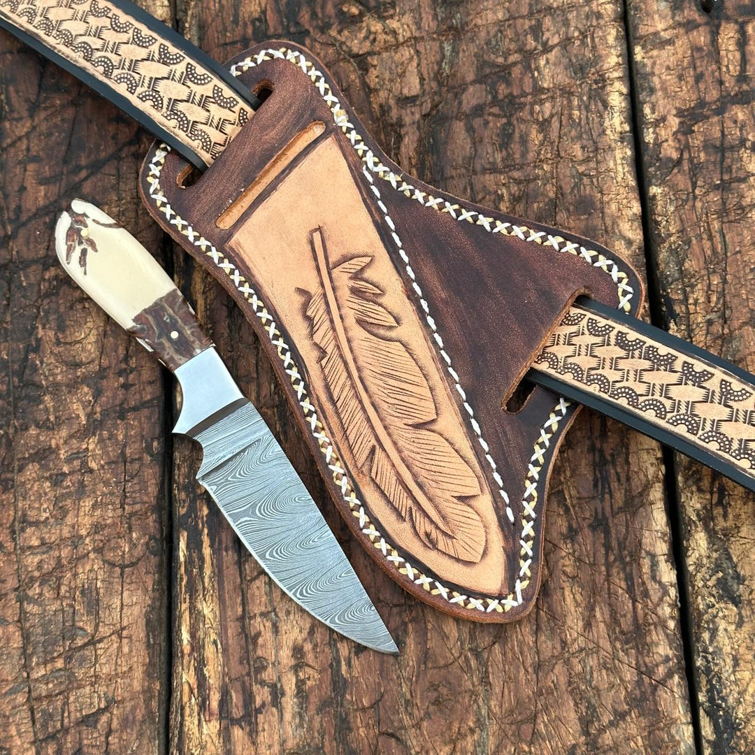Fixed blade knife. - Prairie Damascus Skinner Knife with Hand tooled Sheath & Belt - Shokunin USA