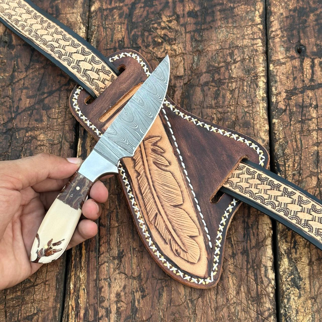 Fixed blade knife. - Prairie Damascus Skinner Knife with Hand tooled Sheath & Belt - Shokunin USA