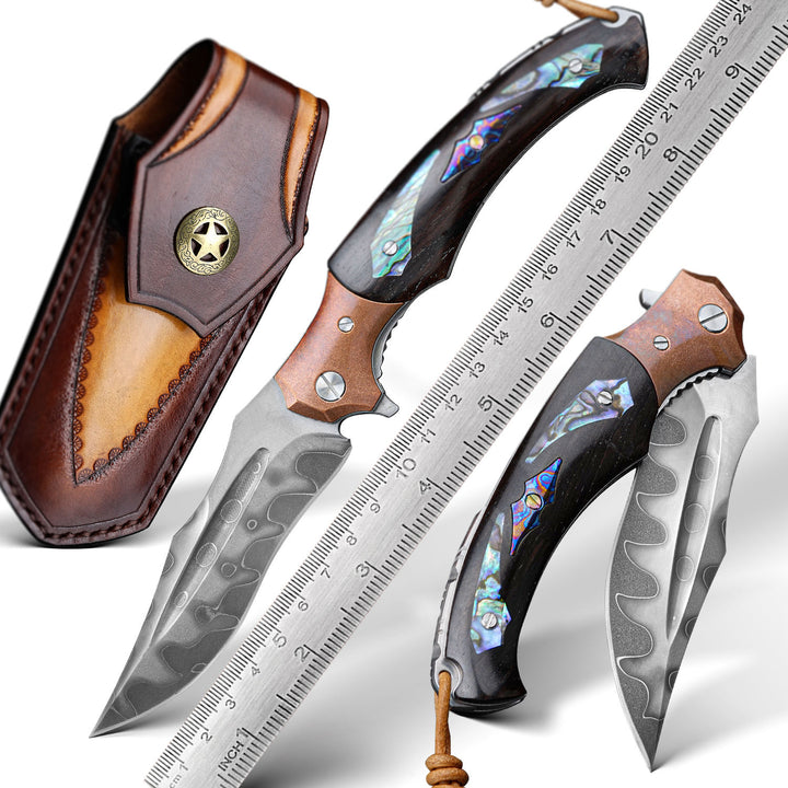 Gentleman's folder with case - Quest Damascus Pocket Knife with Ebony Wood, Timascus & Abalone Shell Handle - Shokunin USA