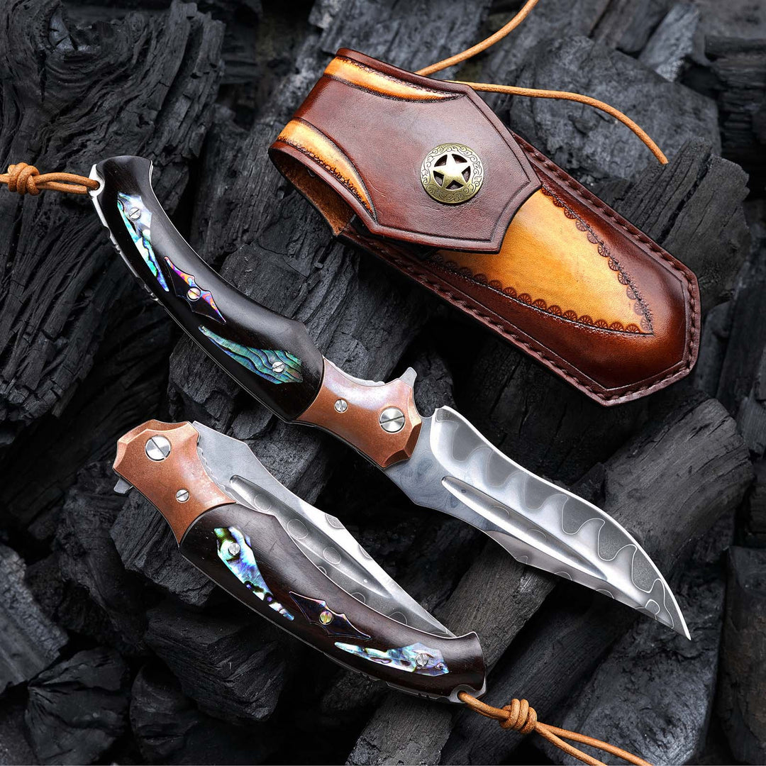 Gentleman's folder with case - Quest Damascus Pocket Knife with Ebony Wood, Timascus & Abalone Shell Handle - Shokunin USA