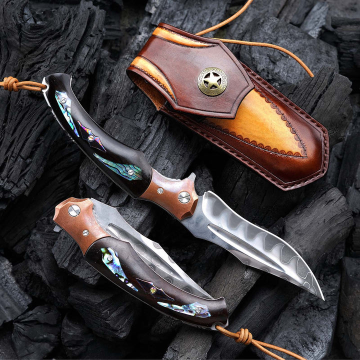 Gentleman's folder with case - Quest Damascus Pocket Knife with Ebony Wood, Timascus & Abalone Shell Handle - Shokunin USA