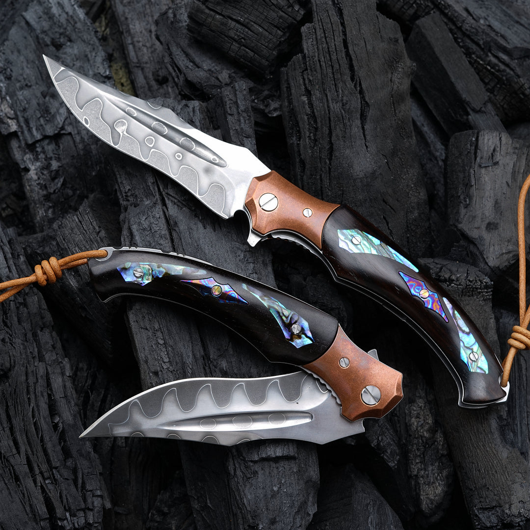 Gentleman's folder with case - Quest Damascus Pocket Knife with Ebony Wood, Timascus & Abalone Shell Handle - Shokunin USA