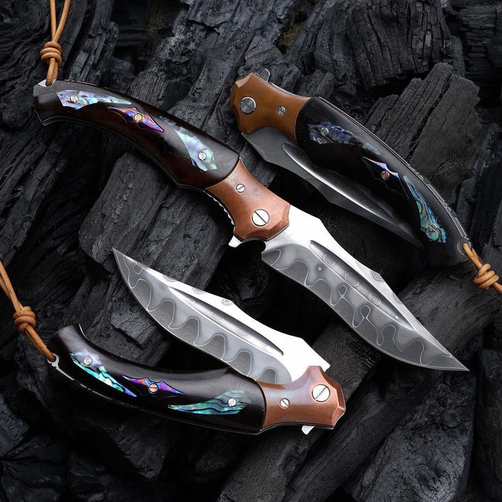 Gentleman's folder with case - Quest Damascus Pocket Knife with Ebony Wood, Timascus & Abalone Shell Handle - Shokunin USA