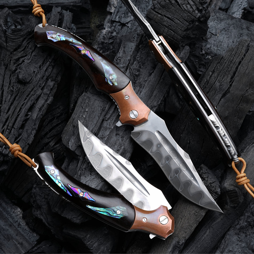 Gentleman's folder with case - Quest Damascus Pocket Knife with Ebony Wood, Timascus & Abalone Shell Handle - Shokunin USA