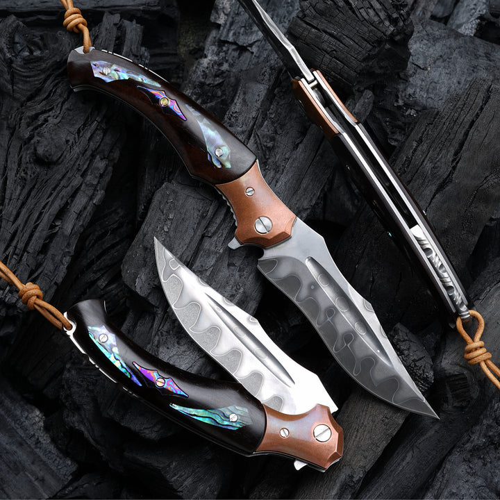 Gentleman's folder with case - Quest Damascus Pocket Knife with Ebony Wood, Timascus & Abalone Shell Handle - Shokunin USA