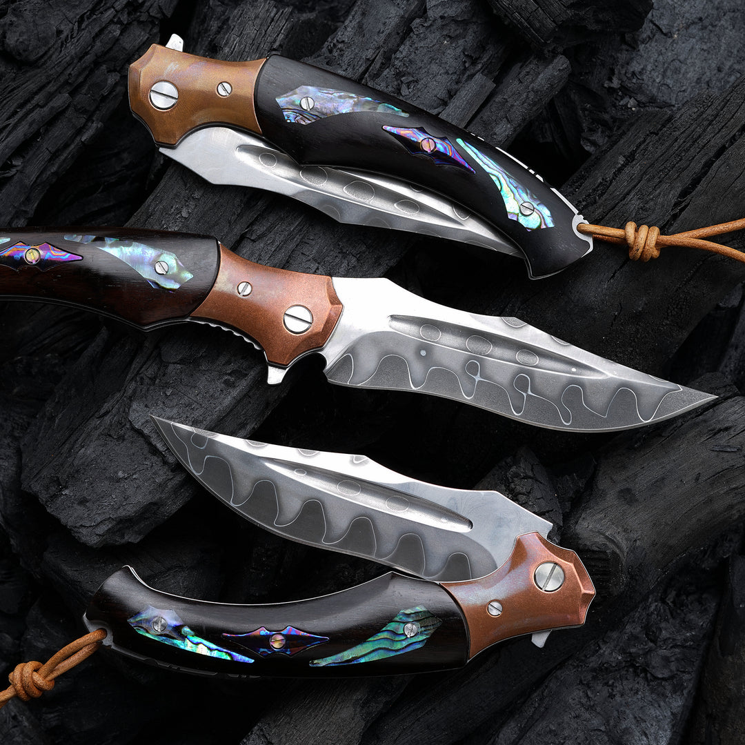 Gentleman's folder with case - Quest Damascus Pocket Knife with Ebony Wood, Timascus & Abalone Shell Handle - Shokunin USA